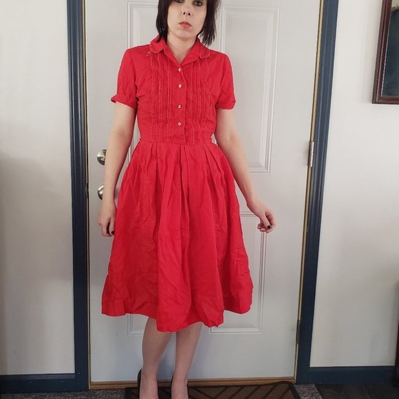 50s/60s Red A Line Day Dress - Picture 1 of 5